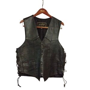 Men's Vintage Black Leather Vest Snap Drawstring Motorcycle Vest Size 64 XXL